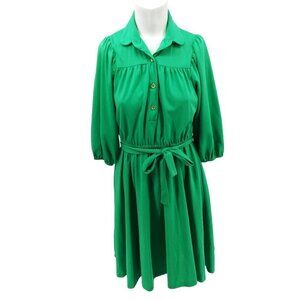 Vintage Handmade Stretch Sheath Shirt Dress Size S? Green Skater Knit 70s Tie